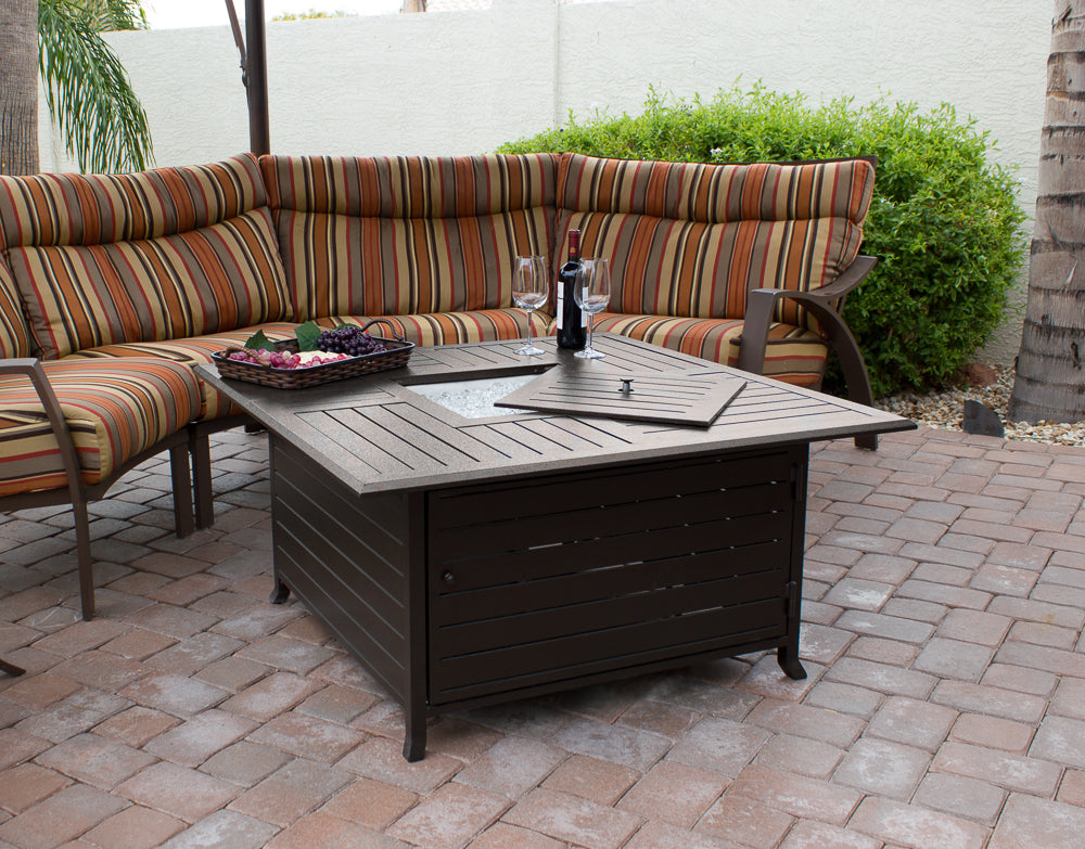 Square Slatted Extruded Aluminum Fire Pit In Bronze