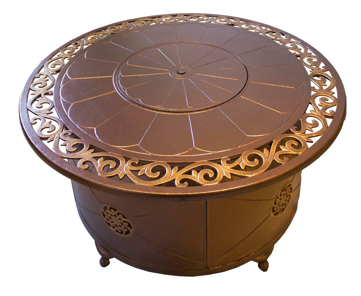 Round Hammered Bronze Cast Aluminum Fire Pit with  Scroll Design