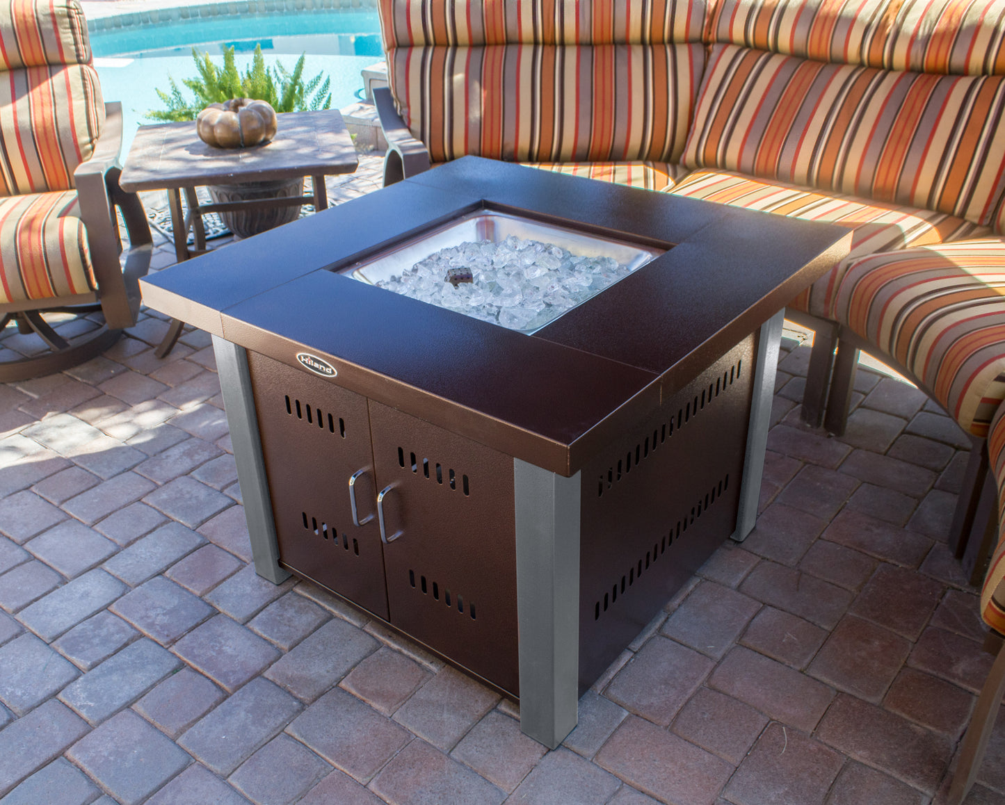 Outdoor Propane Fire Pit With Hammered  Bronze Finish and Stainless Steel Accents