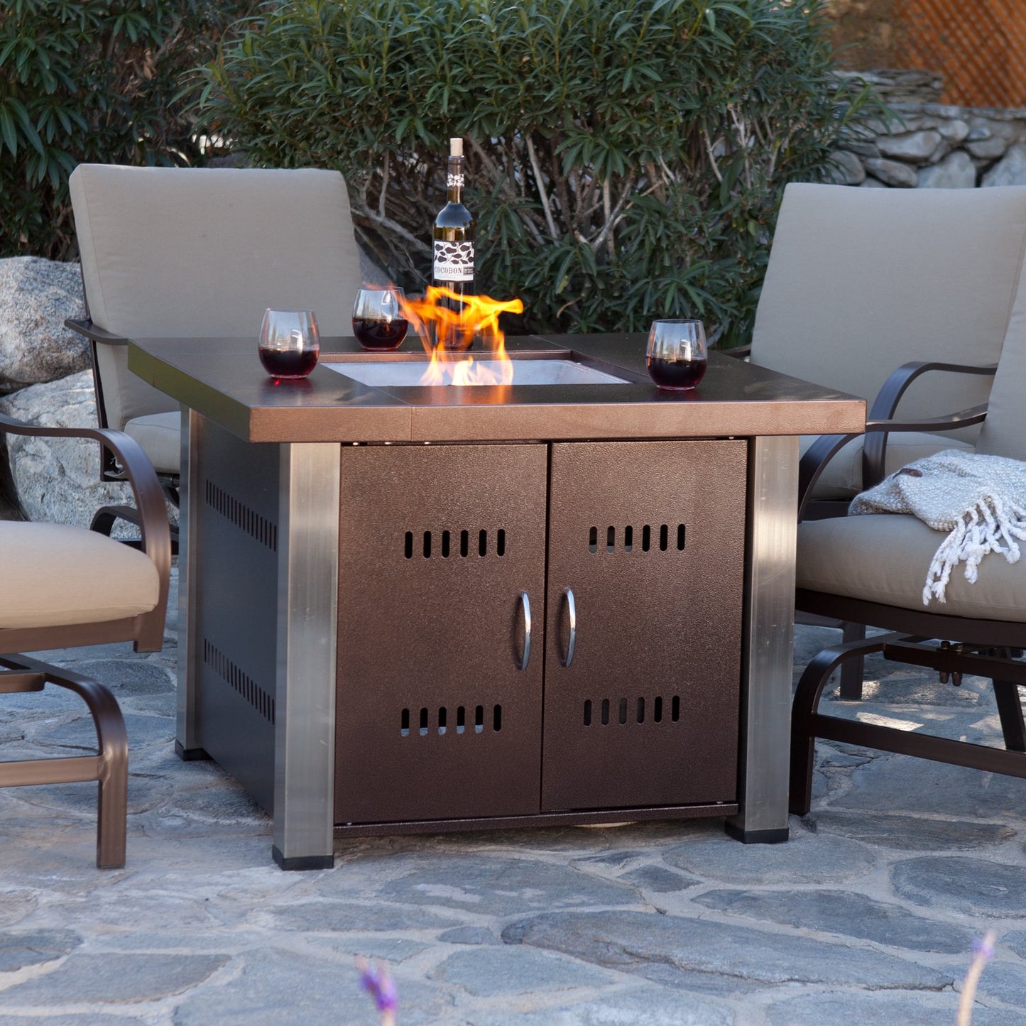 Outdoor Propane Fire Pit With Hammered  Bronze Finish and Stainless Steel Accents