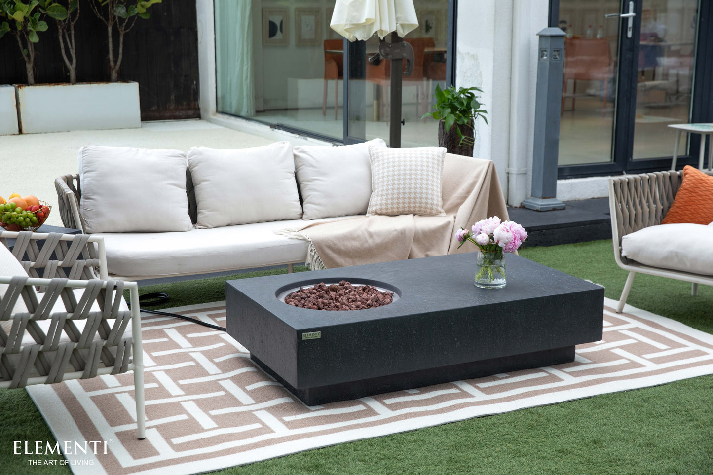 Metropolis Natural Limestone Rectangle Concrete Firepit Table - Dark Gray