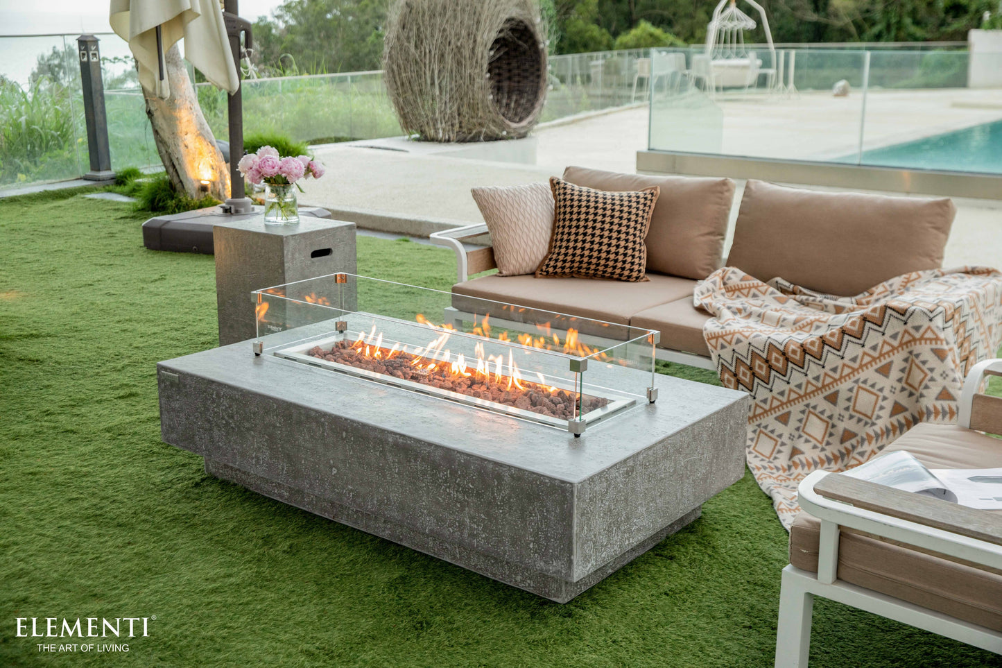 Hampton Natural Limestone Concrete Rectangular Fire Pit Table - Light Gray